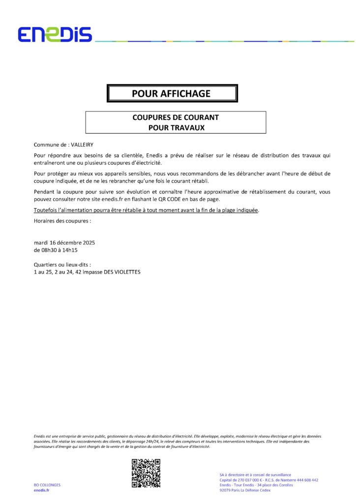 Horaires des coupures :
mardi 16 décembre 2025
de 08h30 à 14h15
Quartiers ou lieux-dits :
1 au 25, 2 au 24, 42 impasse DES VIOLETTES