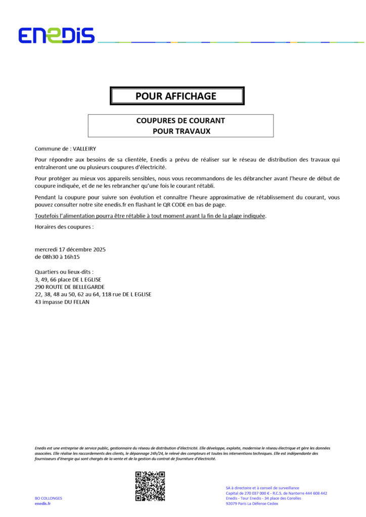 Horaires des coupures :
mercredi 17 décembre 2025
de 08h30 à 16h15
Quartiers ou lieux-dits :
3, 49, 66 place DE L EGLISE
290 ROUTE DE BELLEGARDE
22, 38, 48 au 50, 62 au 64, 118 rue DE L EGLISE
43 impasse DU FELAN