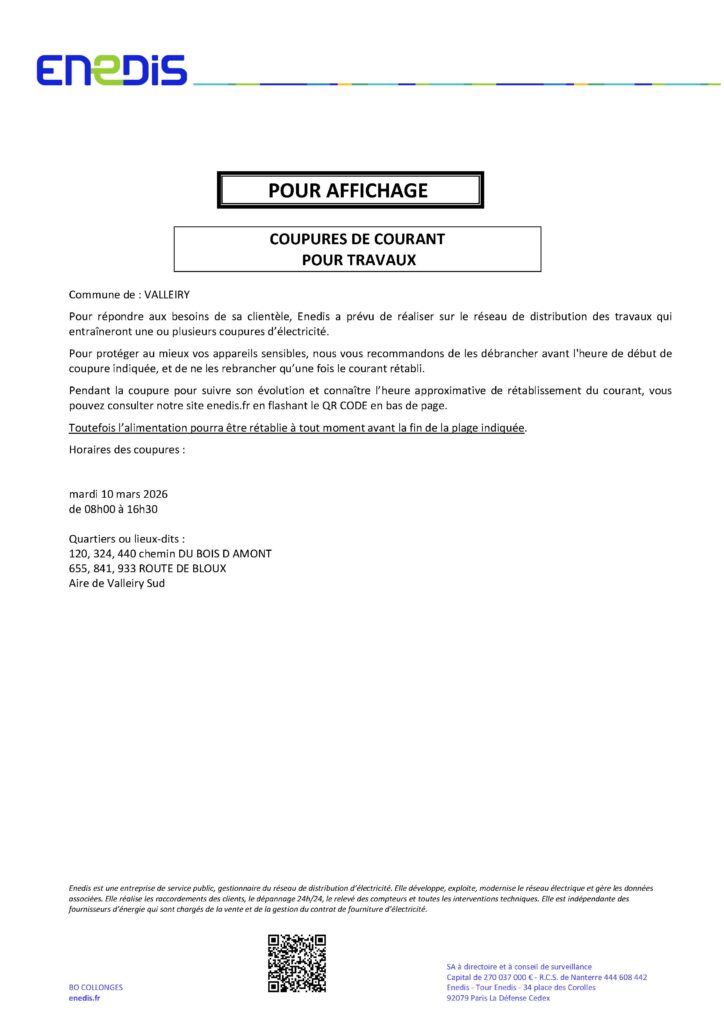 Horaires des coupures :
mardi 10 mars 2026
de 08h00 à 16h30

Quartiers ou lieux-dits :
120, 324, 440 chemin DU BOIS D AMONT
655, 841, 933 ROUTE DE BLOUX
Aire de Valleiry Sud